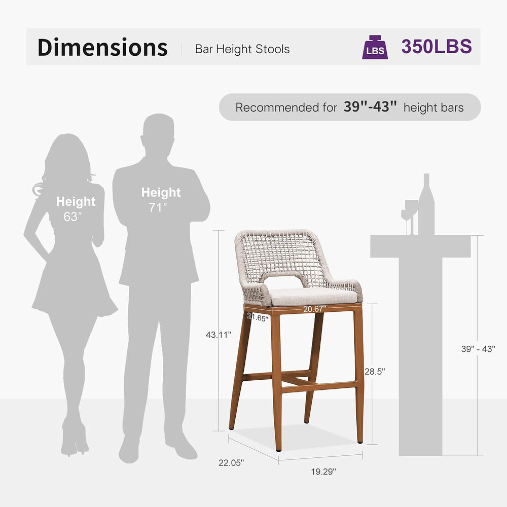 PURPLE LEAF Bar Height Stools Set of 2, Hand-Woven Wicker, Deep Teak