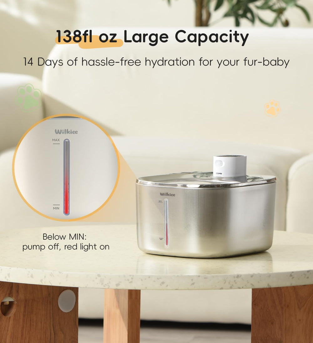 Cat Water Fountain Stainless Steel, 138fl.oz / 4.1L Cordless Cat Fountain
