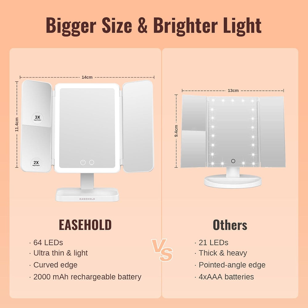2000mAh Rechargeable Trifold Lighted Makeup Vanity Mirror with 64 Lights