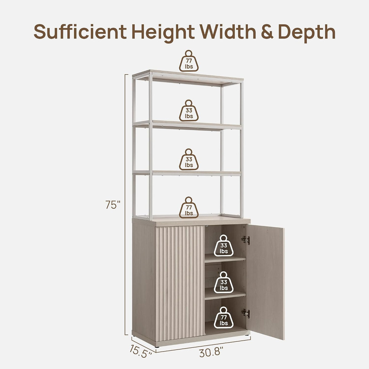 SICOTAS Fluted Book Shelf with Doors 75" Tall Bookshelf with Storage