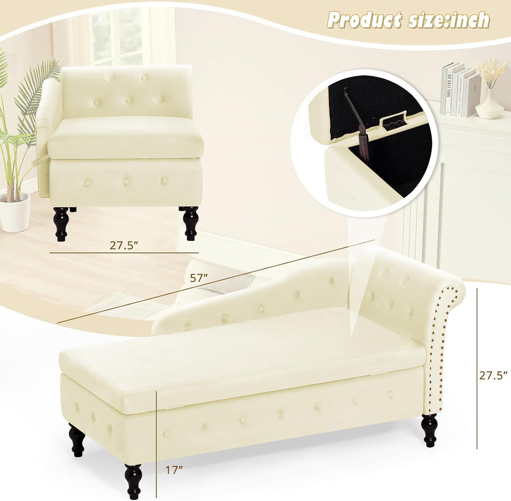Velvet Chaise Lounge w/Right Armrest & Storage Space, Beige