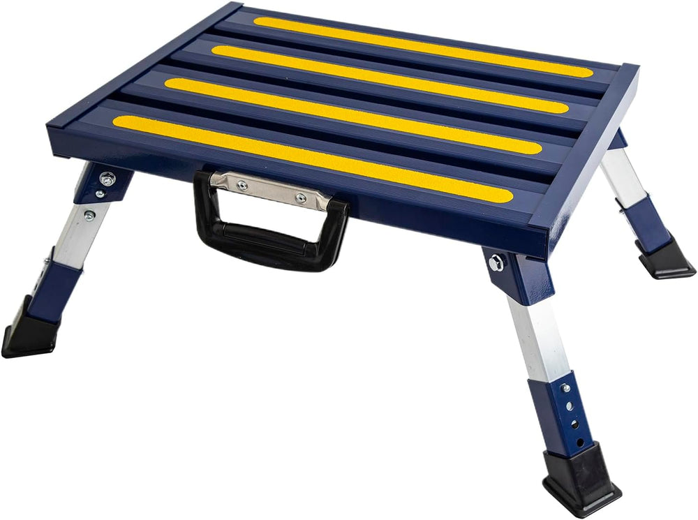Homeon Wheels Adjustable RV Step Stool, Folding Aluminum Platform, Blue