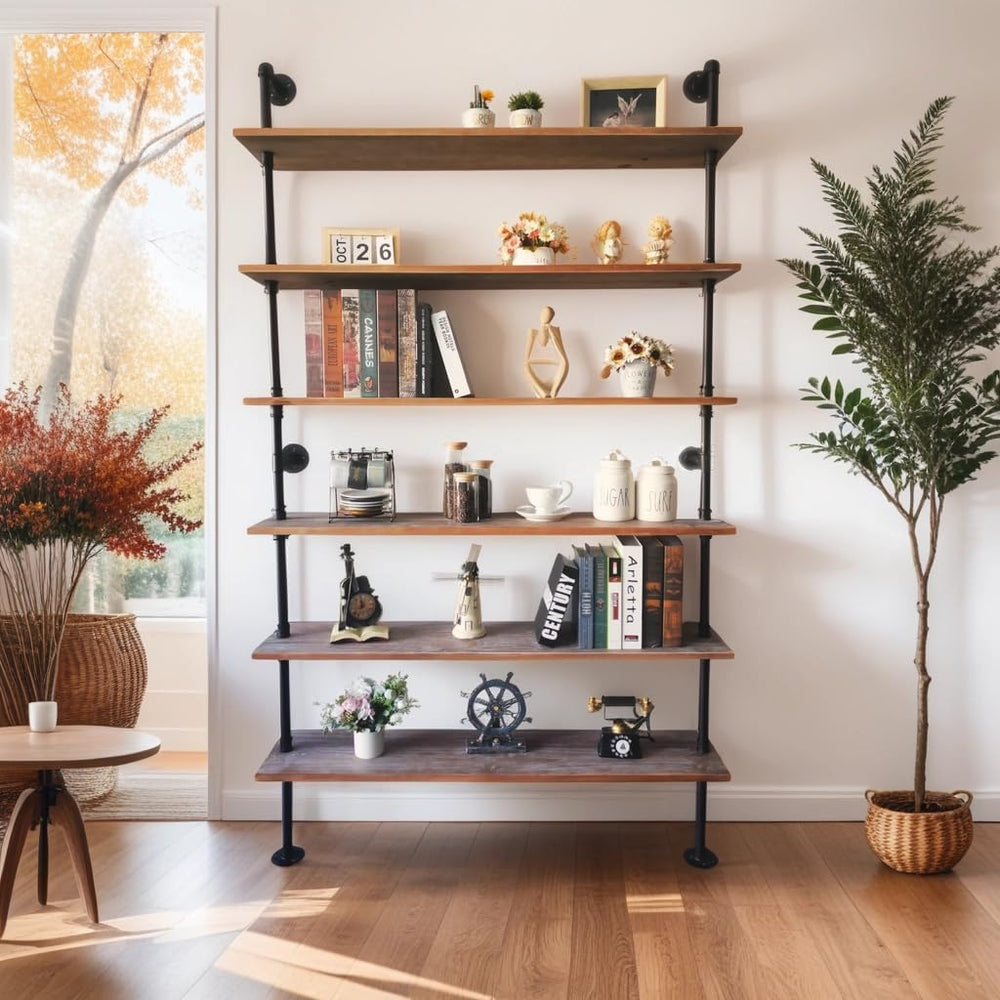Industrial Pipe Bookshelf, Wall Mounted Shelf, 48 Inch, Weathered Brown