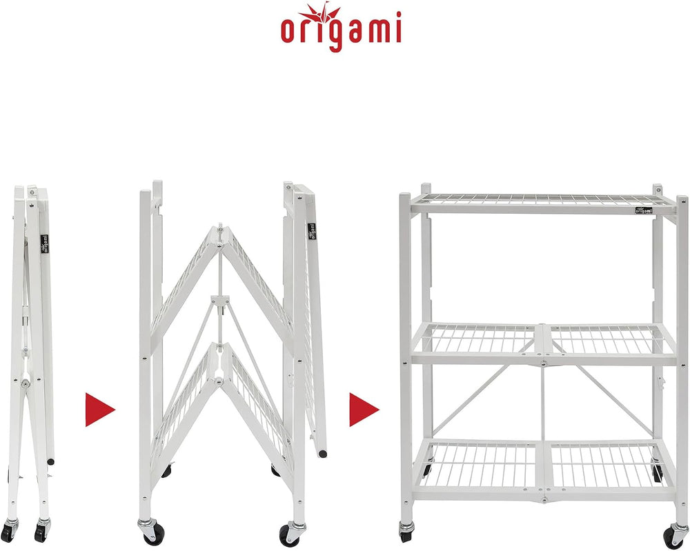 Origami 3-Tier Foldable Storage Shelves, Heavy Duty Shelf Rack Unit with Whee...