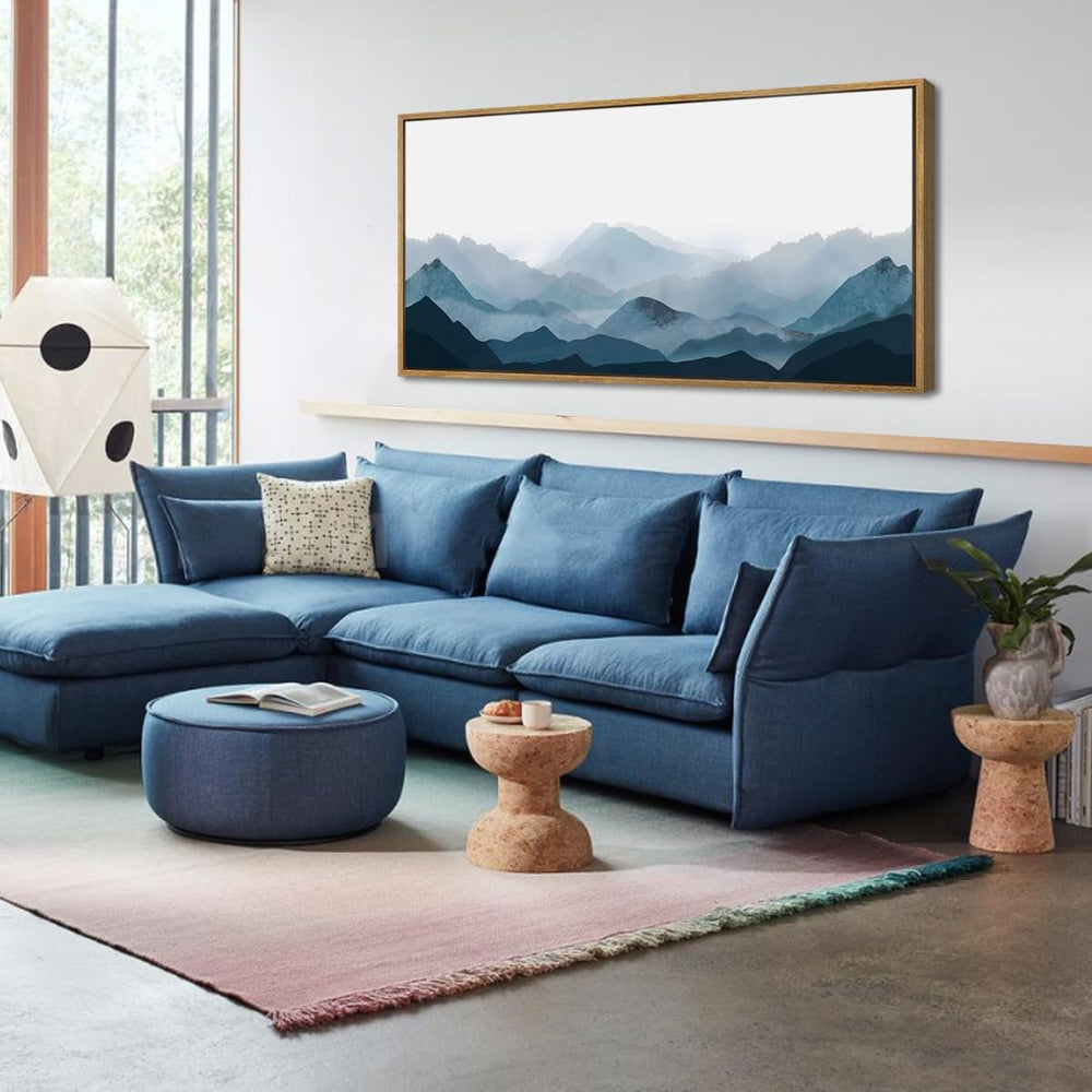 Blue Framed Mountain Landscape Wall Art Fog Mountain Painting Wall Decor for ...