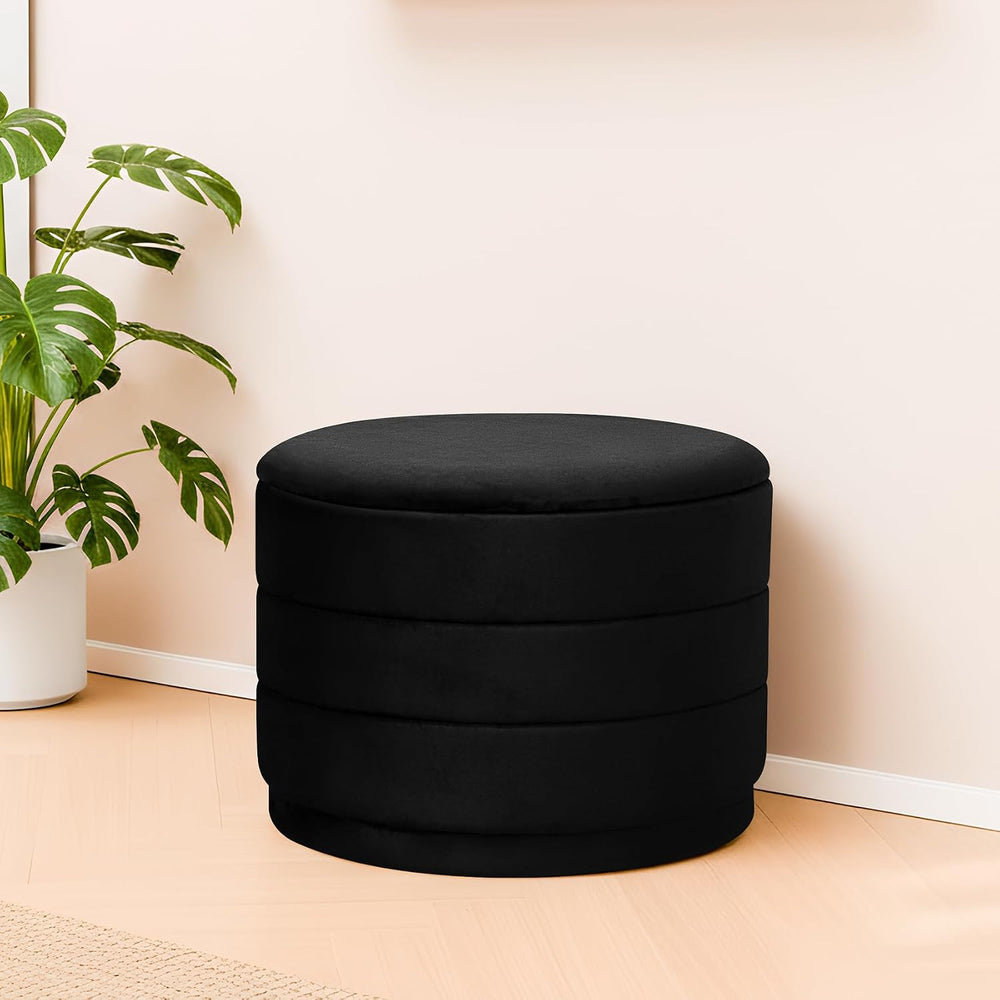 Round Storage Ottoman, 22.8 Velvet Footstool, Black