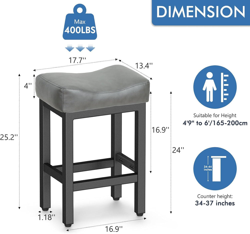 Raynesys 24 Inche Bonded Leather Counter Height Bar Stools Set of 2 Square