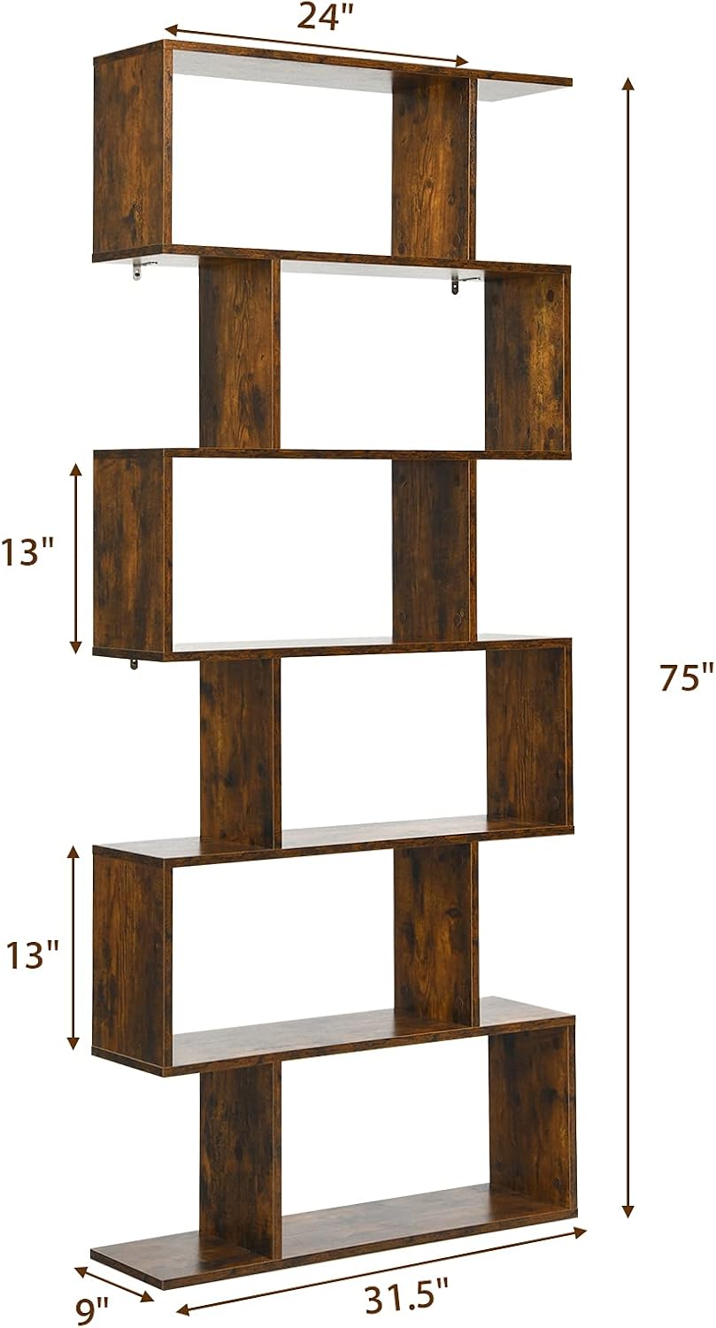 Tangkula 6 Tier S Shaped Bookshelf, 31.5''L x 9''W x 75'&...