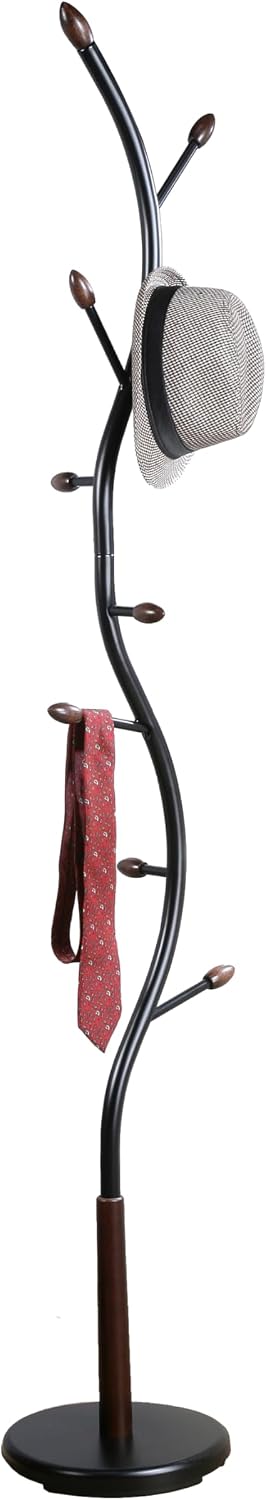 Roundhill Furniture Arles Metal Black and Walnut Standing Coat Rack