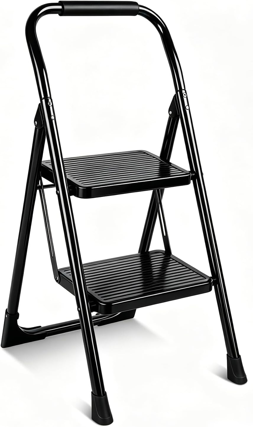Valeo 2 Step Ladder, Folding Step Stool for Adults, Black