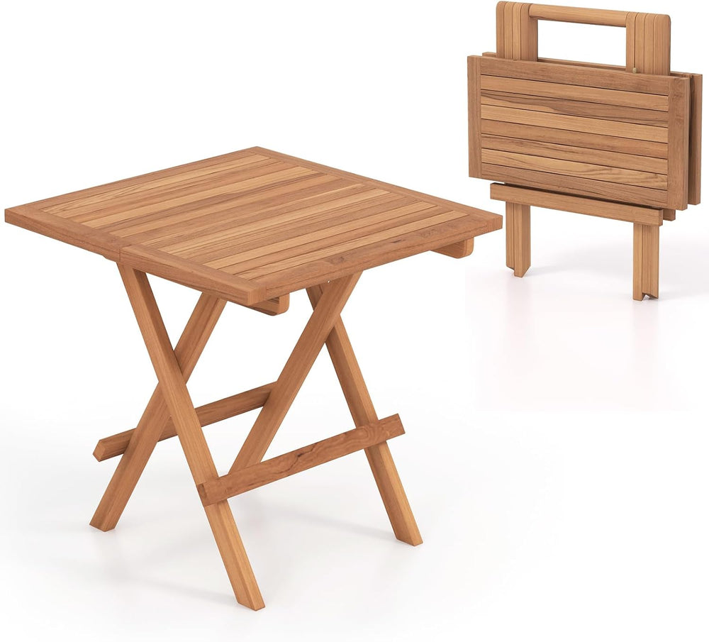 Tangkula Patio Folding Side Table, Teak Wood Square End Table with Slatted Ta...