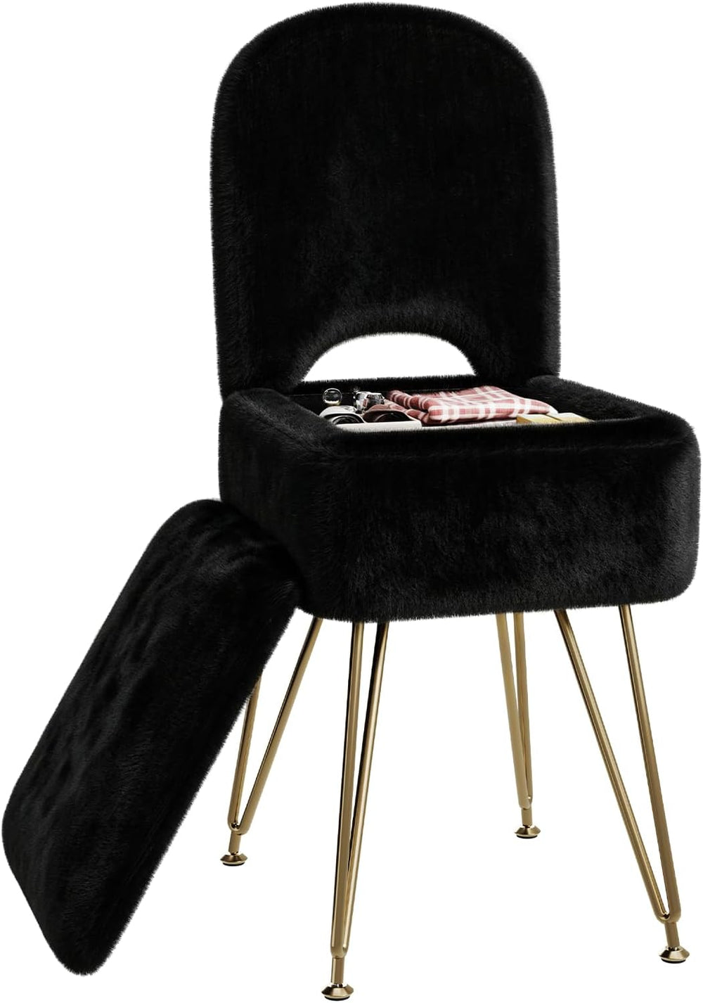 Black Faux Fur Vanity Chair with Storage and Foldable Backrest