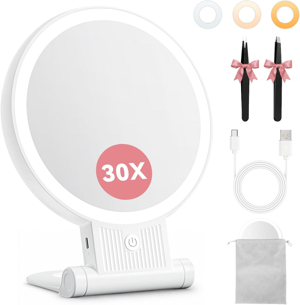 Auxmir Rechargeable 1X/30X Magnifying Makeup Mirror with Light, White