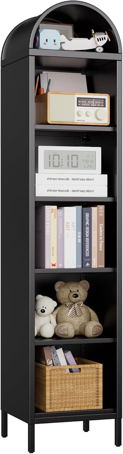 Aobabo 73-Inch Metal Arched Bookcase, Narrow Black Bookshelf