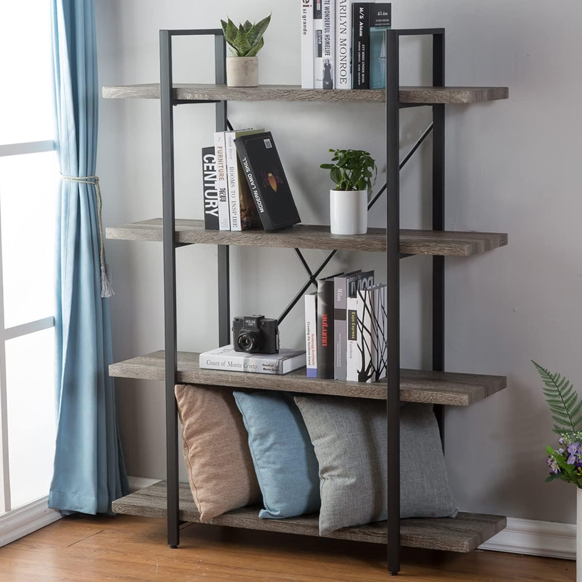 HSH 4-Shelf Bookshelf, Industrial Bookcase for Home Office, Light Grey Oak