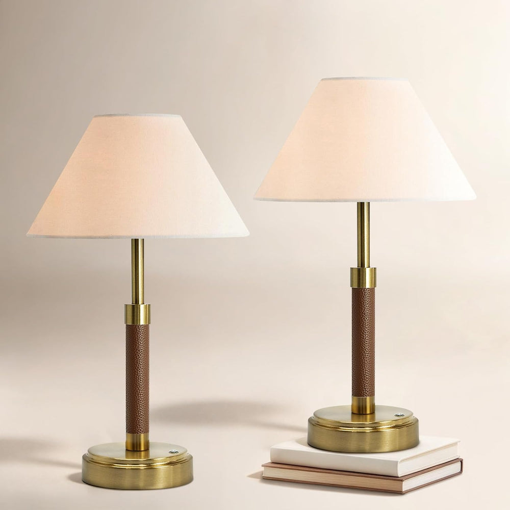Mid Century Modern Leather Table Lamp, Cordless Rechargeable lamp Set of 2