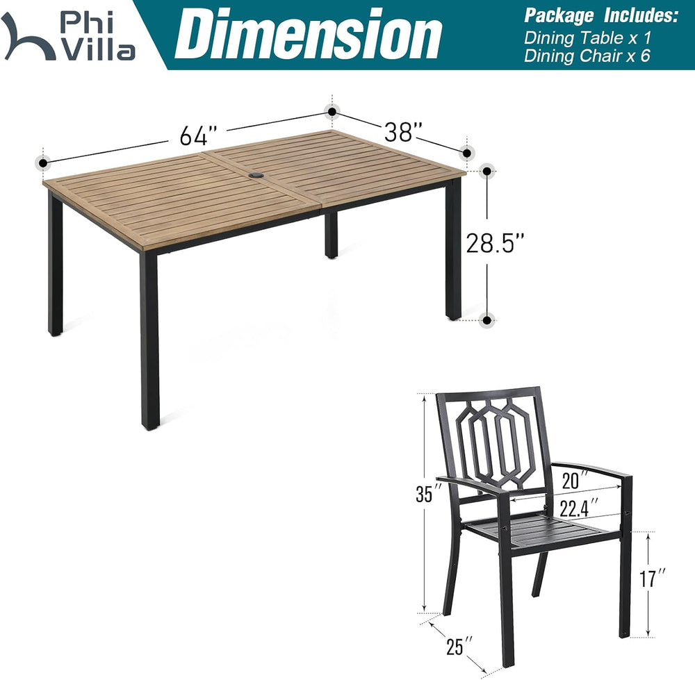 PHI VILLA Outdoor Dining Set for 6& 65”Wood-Like Metal Table