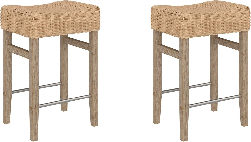 Nathan James Harvey Rattan Bar Stool, Bohemian Counter Height Stool with Woven Seagrass Seat, Solid Wood Legs, and Metal Footrest Seagrass/Brushed Gray, Set of 4