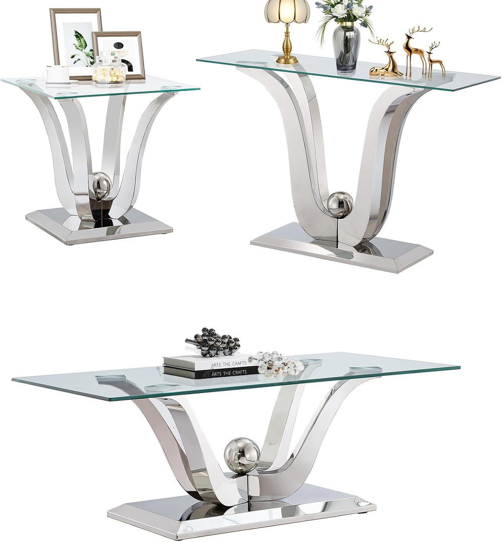 SSLine 3-Piece Modern Silver Glass Coffee Table Set, End & Console Tables