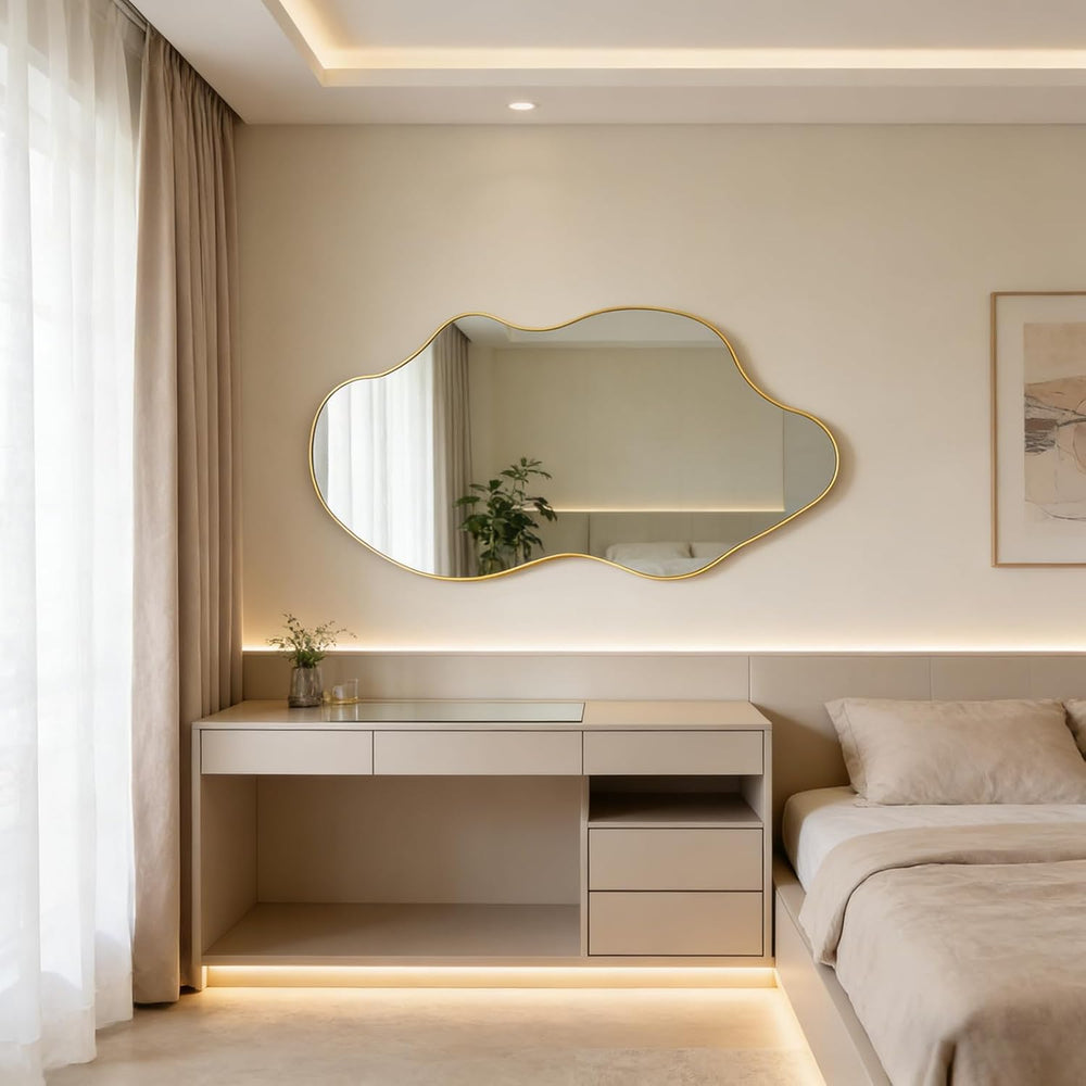 59"x30" Large Irregular Wall Mirror, Gold Frameless Mirror