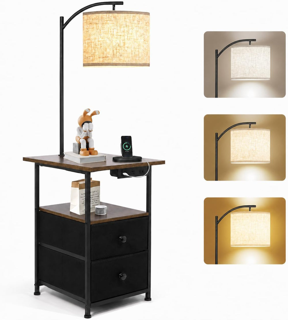 PESRAE Floor Lamp with Table & 2 Drawers, End Table with Lamp, Rustic Brown