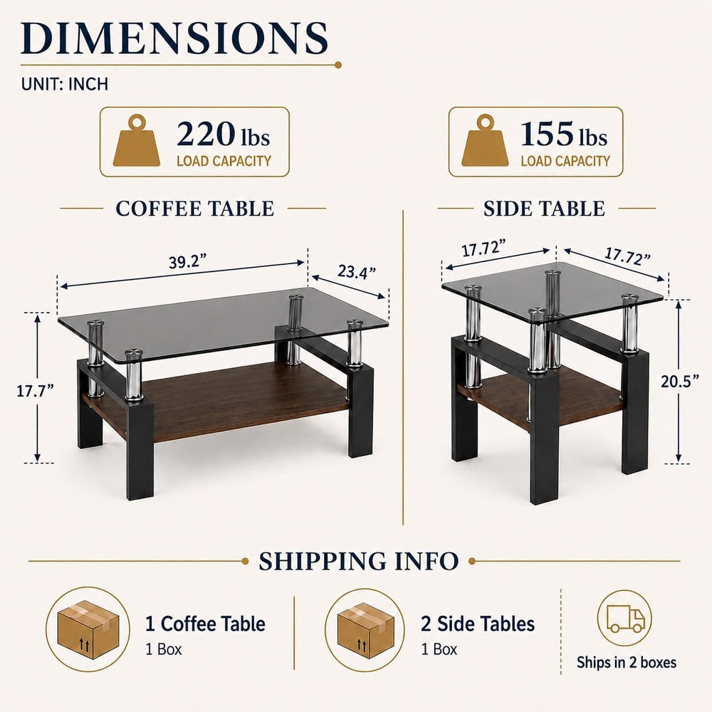 3-Piece Coffee Table Set, Glass Coffee Table & 2 End Tables, Black