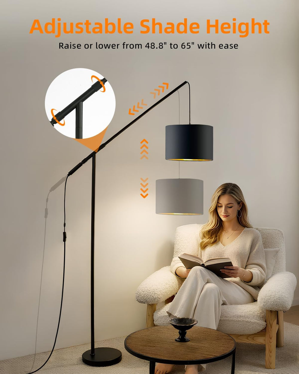 Arc Floor Lamp with Remote Control, LED Reading Light for Living Room