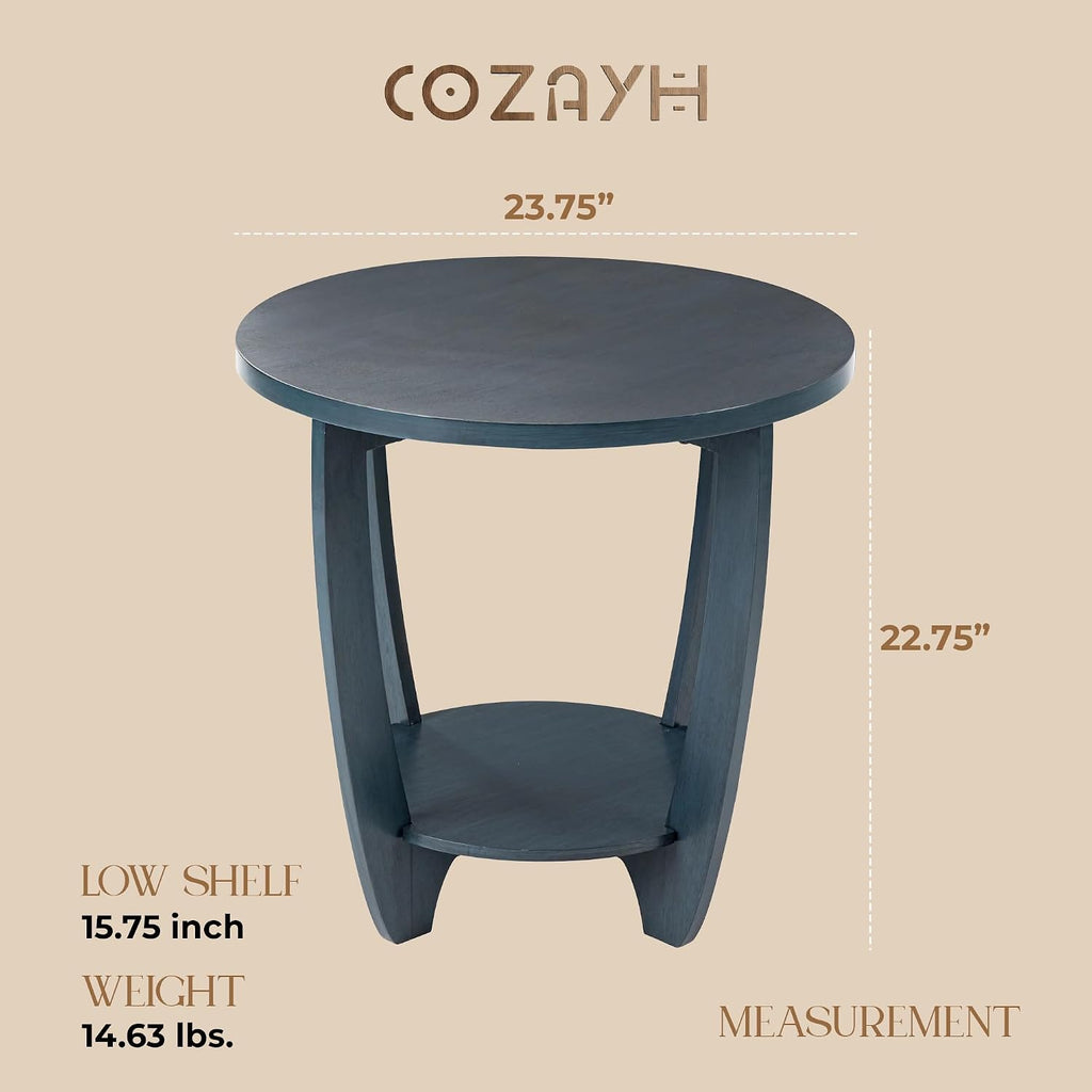 COZAYH End Table - Rustic Farmhouse Round Accent - Storage Shelf Blue