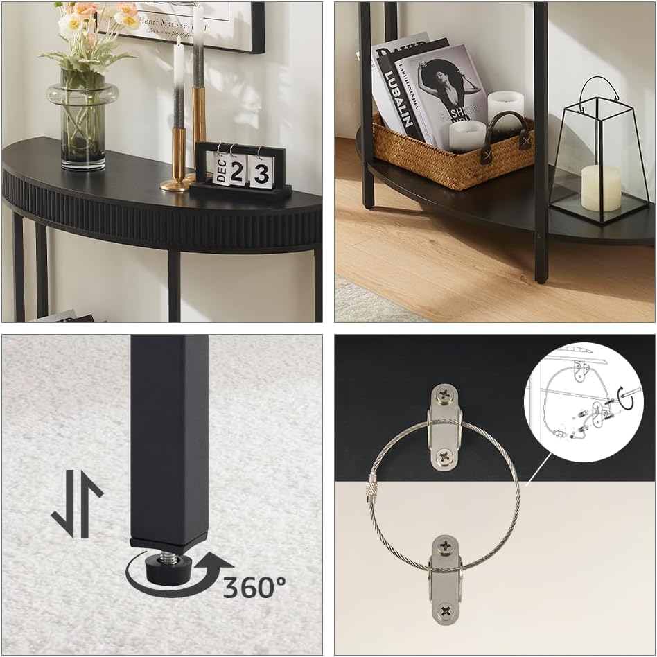 Fluted Half Moon Console Table, Modern 2-Tier Black Entryway Console