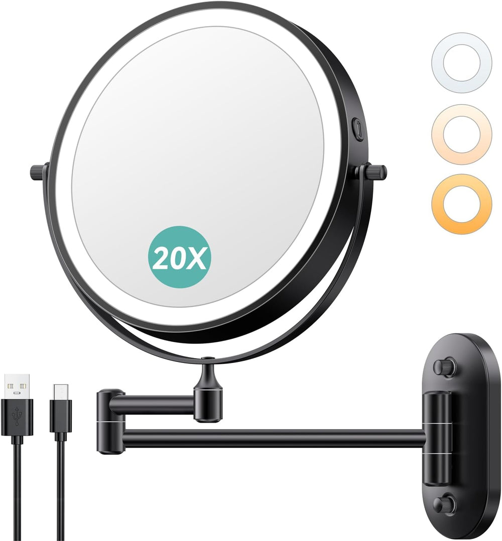 Auxmir 1X/20X Wall Mounted Makeup Mirror, 8" Rechargeable Magnifying Mirror