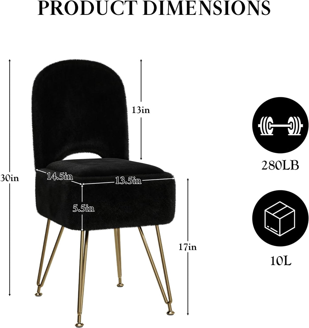 Black Faux Fur Vanity Chair with Storage and Foldable Backrest