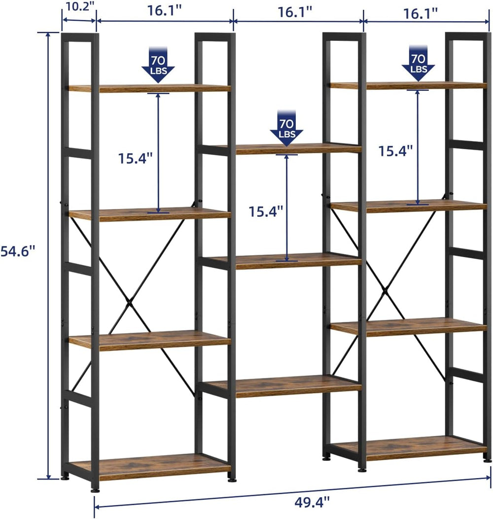 NUMENN Triple Column 4 Tier Bookshelf with 11 Adjustable Shelves, Vintage