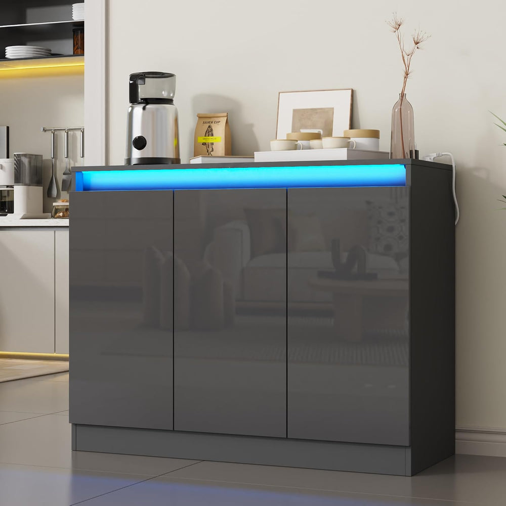 Furnify High Gloss Buffet Cabinet with LED Lights & Charging Station, Grey
