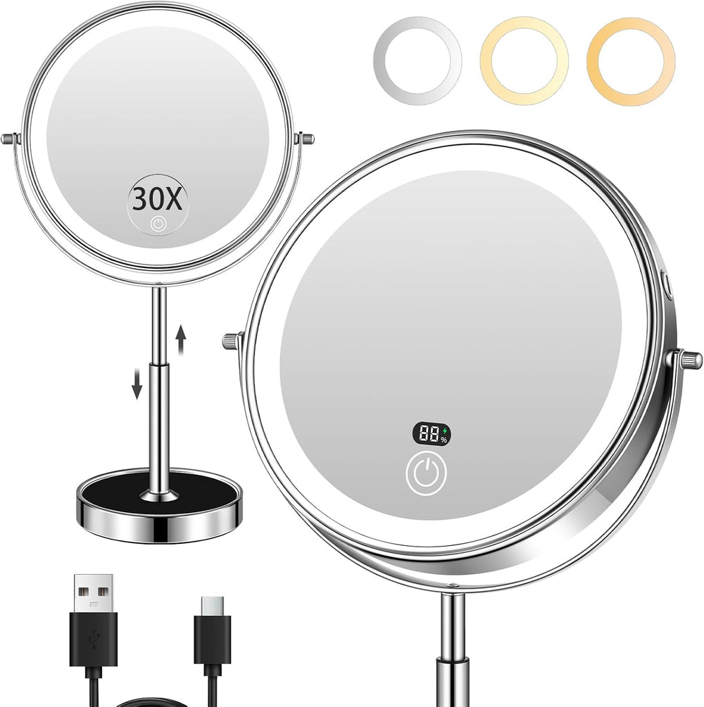 9" Lighted Makeup Mirror with Light,30X Magnifying Height Adjustable Mirror