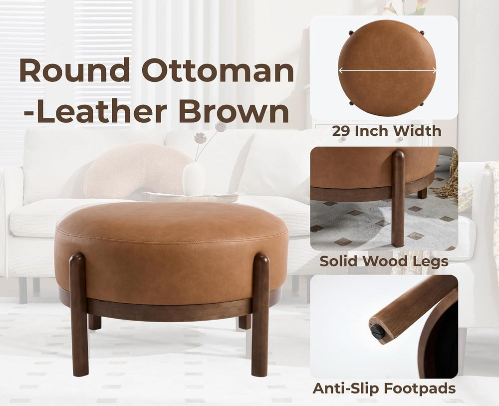 EALSON 29" Round Ottoman Modern Leather Upholstered Footstool Mid Centur...