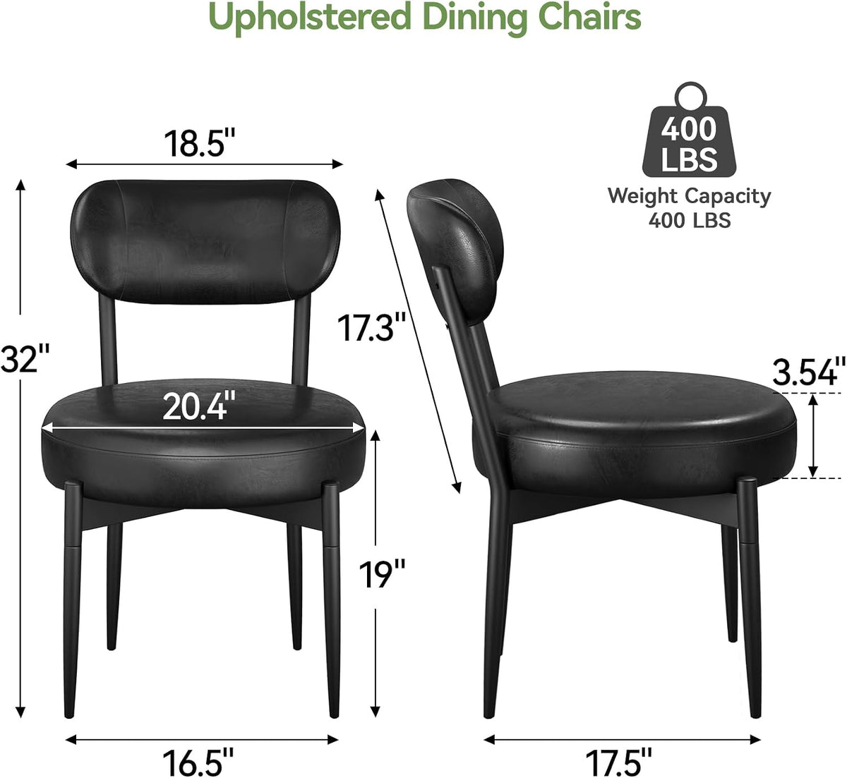 Welzona Upholstered Dining Chairs Set of 2, Dining Room Chairs with Sturdy Metal Legs, Kitchen Chairs for Dining Room/Kitchen/Restaurant/Hotel, Modern Style, Black