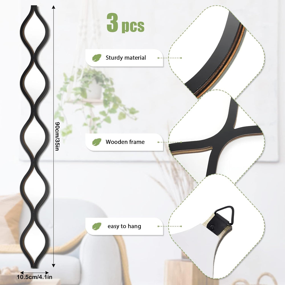 Yulejo 3 Pcs Teardrop Mirror Wall Decor, Narrow Acrylic Black Edge