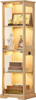 LELELINKY Farmhouse Narrow Glass Display Cabinet with Doors & Lock, Natural