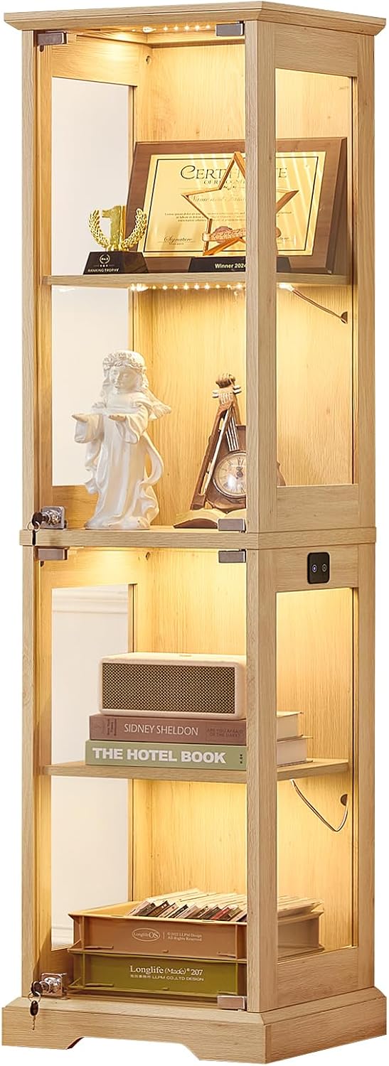LELELINKY Farmhouse Narrow Glass Display Cabinet with Doors & Lock, Natural