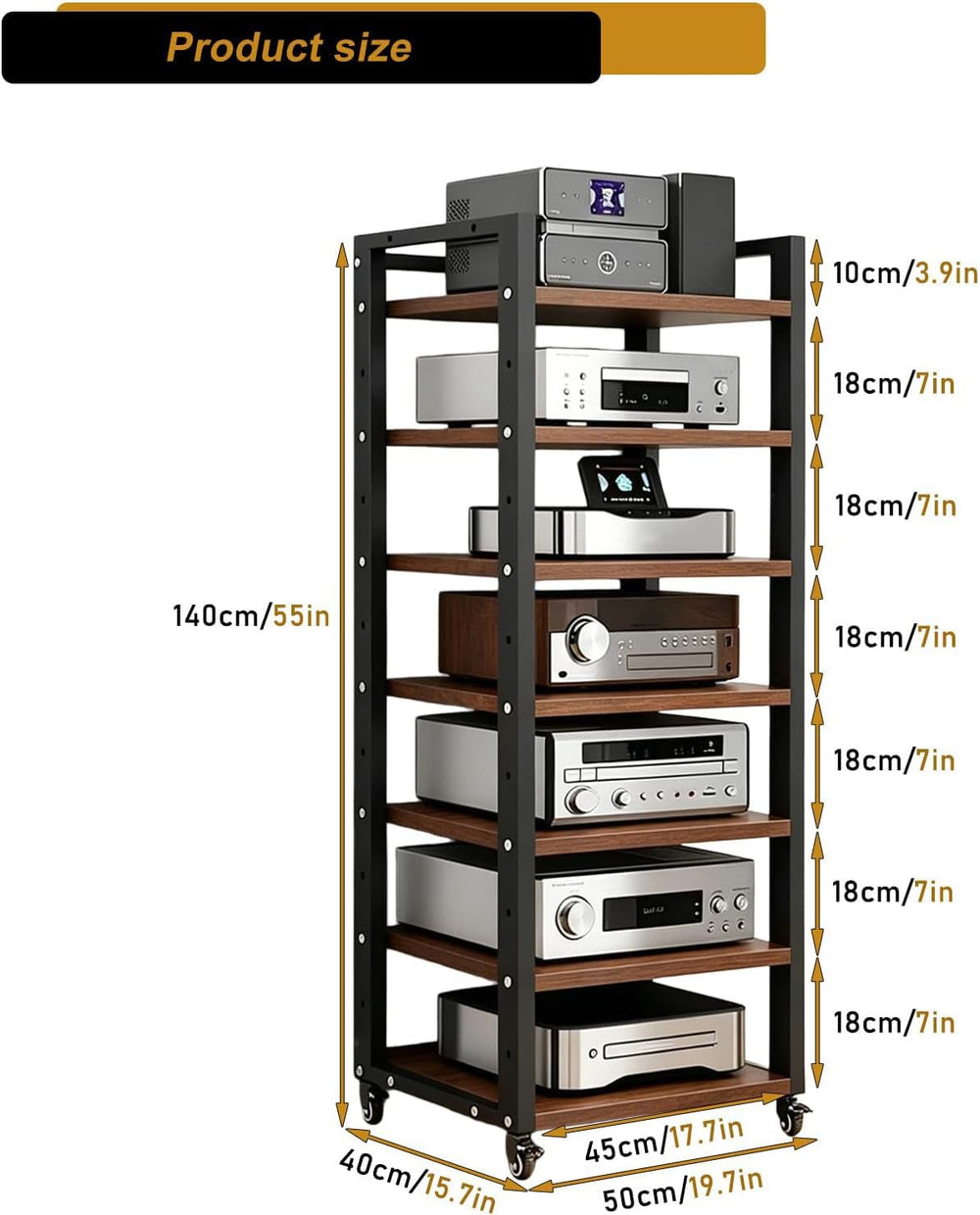 7 Tier AV Media Stand, 55in Audio Rack Tower Stereo Component Cabinet