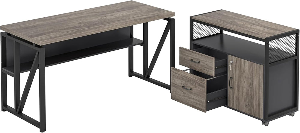 Tribesigns Grey Executive Desk with Cabinet, 55" L Shaped Computer Desk ...