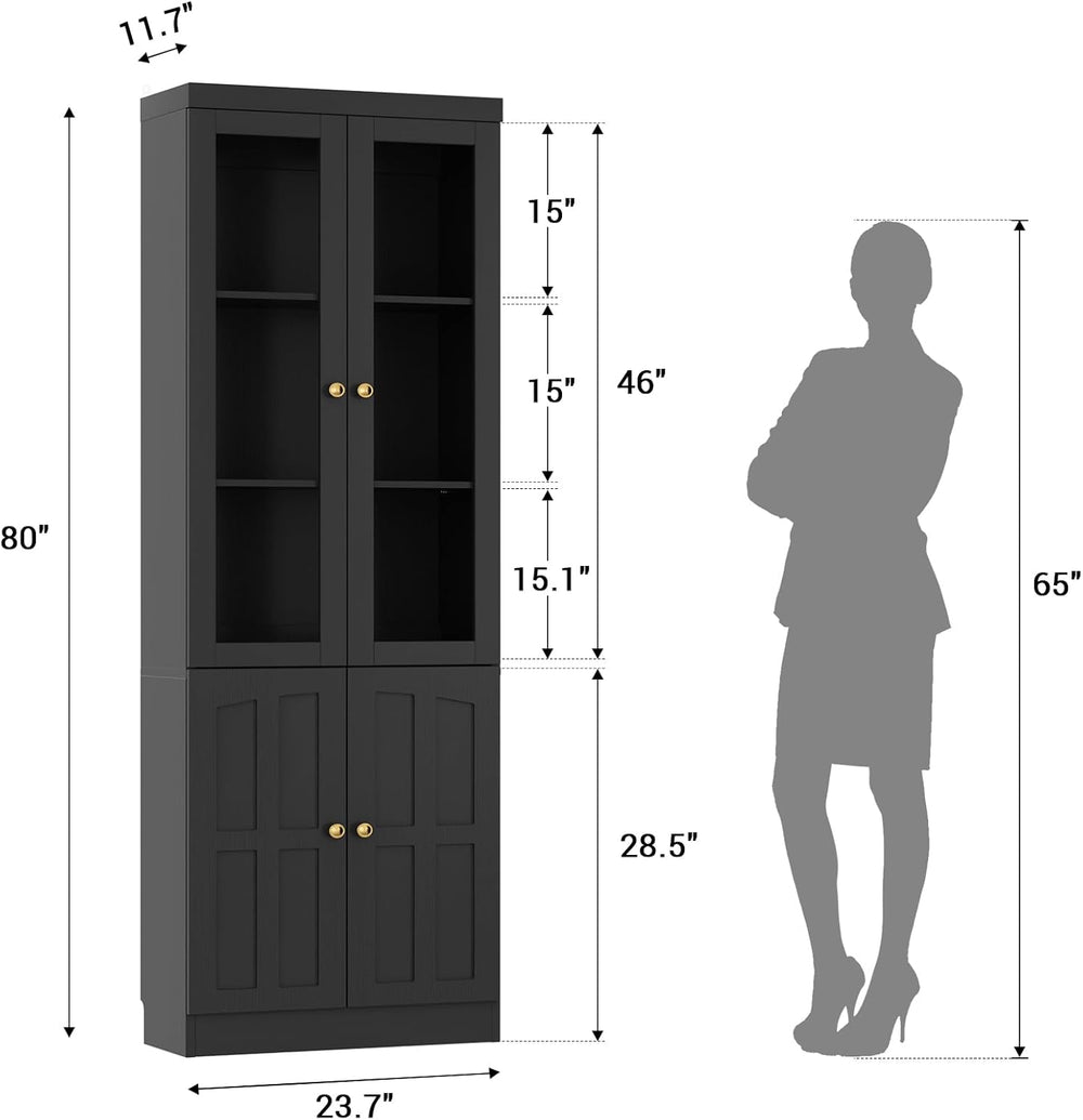 Cyclysio 80" Bookshelf with Glass Doors and Adjustable Shelves