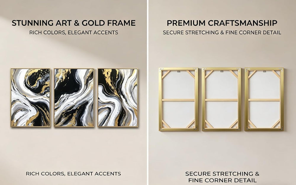3D Textured Black and Gold Abstract Wall Art for Living Room, Hand Painted Se...