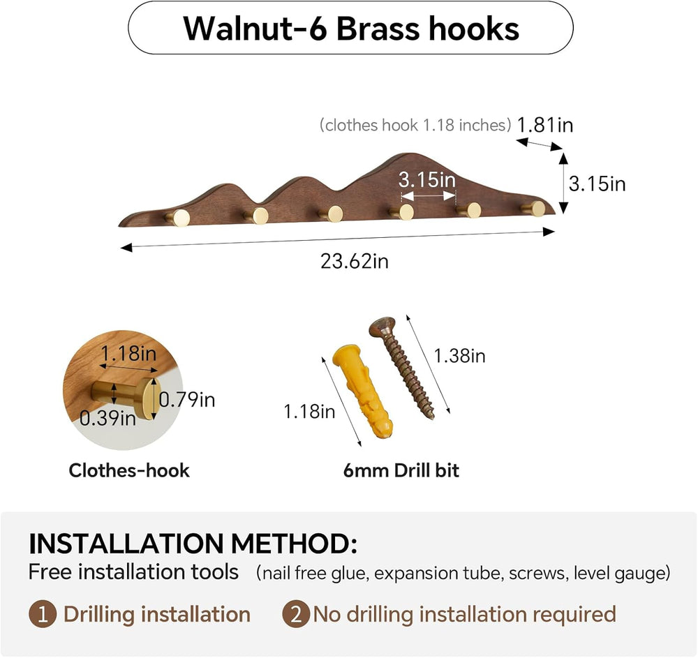 Wall Coat Rack, Walnut Wood, 6 Hooks