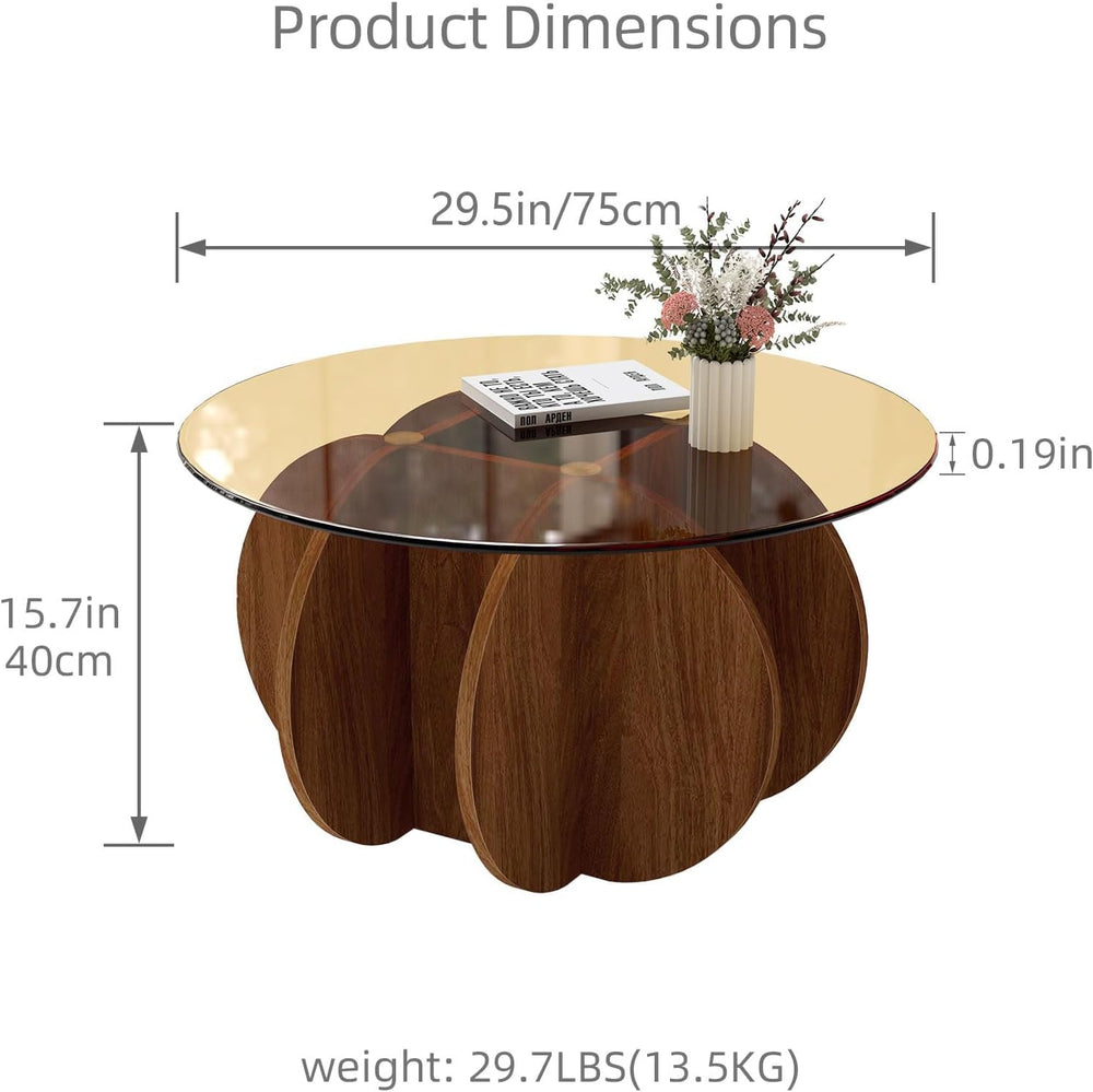 Pumpkin-Shaped Coffee Table with MDF Frame & Amber Tempered Glass Top