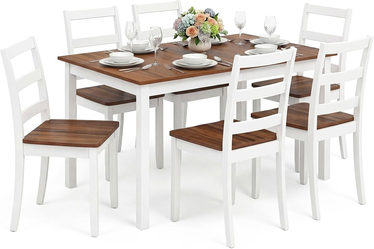 Giantex 7-Piece Dining Table Set for 6, Rectangular 60-inches Kitchen Table and 6 Dining Chairs with Rubber Wood Legs, Protective Foot Pads, Farmhouse Dinette Set for Dining Room, Restaurant (Brown)