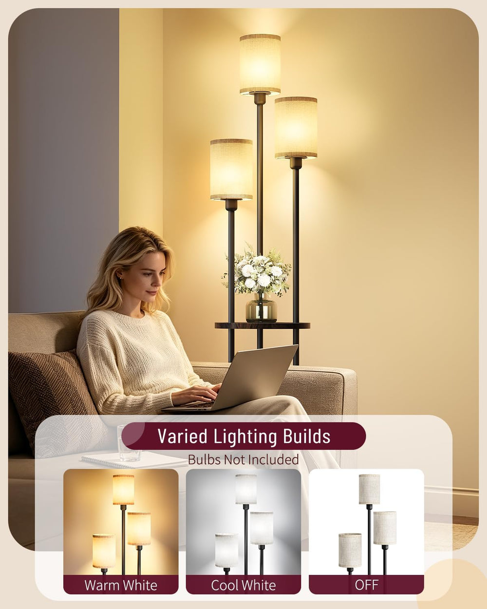 Floor Lamp with Shelves, 3-Light Floor Lamps for Living Room, Modern Standing...