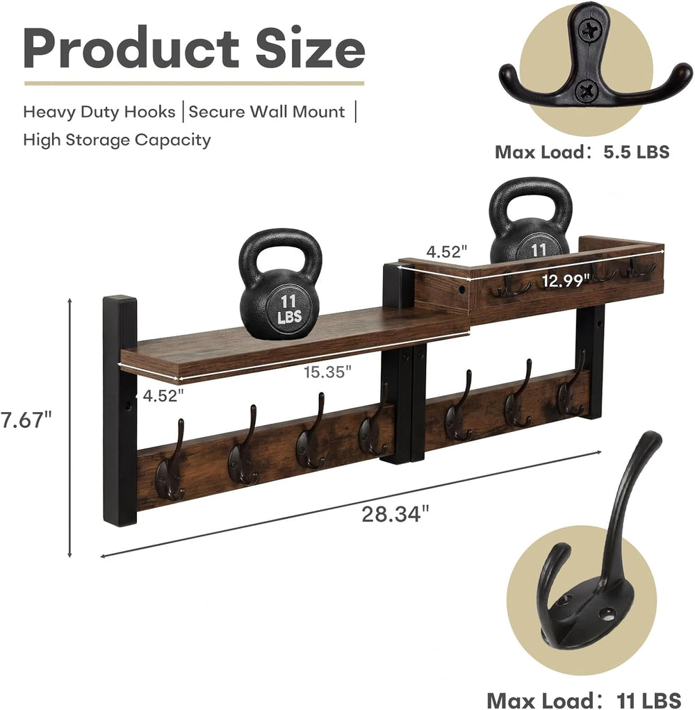 29" Coat Rack Wall Mount with Shelf, Mail & Key Organizer, Brown