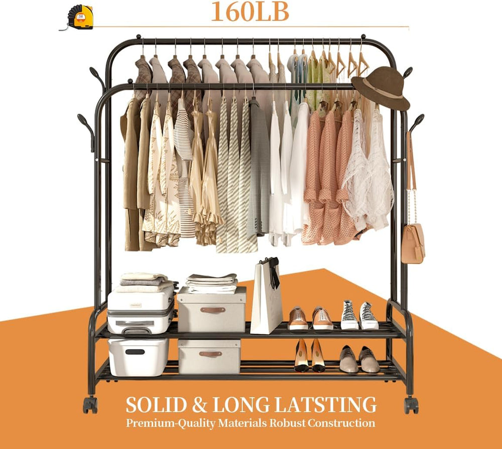 Sturdy Metal Double Rodding Clothes Rack With Wheels, Portable Clothing Rack ...