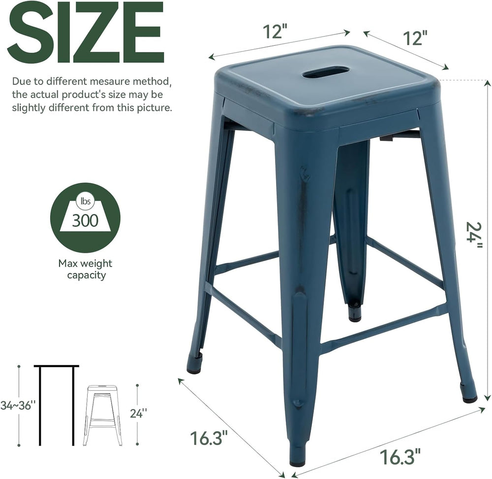 24 Inch Metal Bar Stools Set of 2, Stackable Indoor Outdoor Distressed Blue